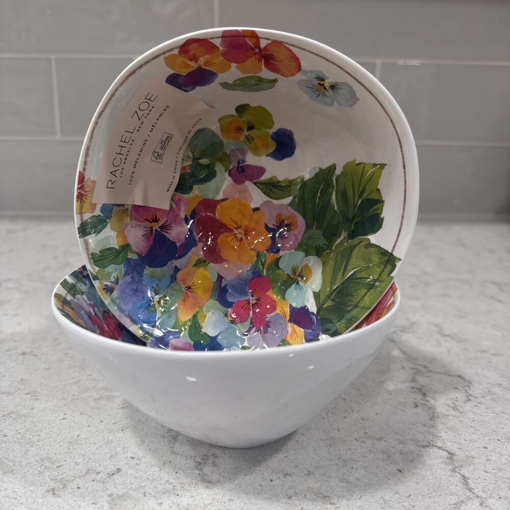 2 Pcs Set Melamine Salad Bowls Pansy Flowers Floral New 6 " Rachel Zoe NWT